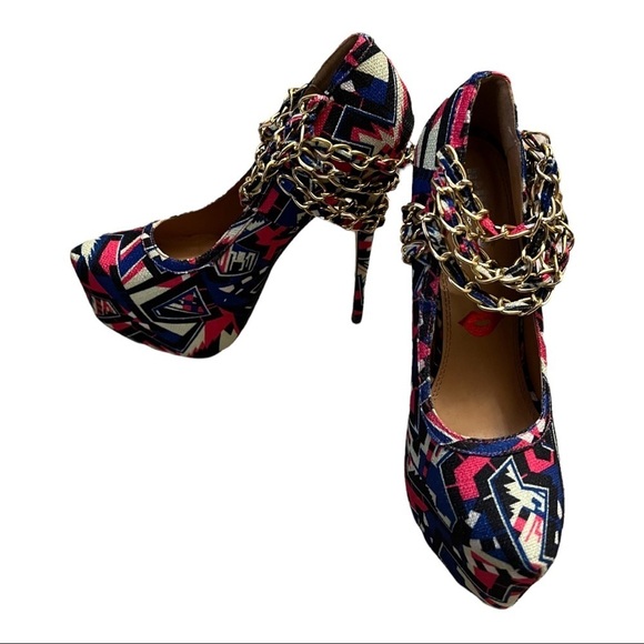 Redkiss Chain 6” Stiletto Heel Size 8.5 Blue Multi Color Geo Print Platform Clog - Picture 4 of 6